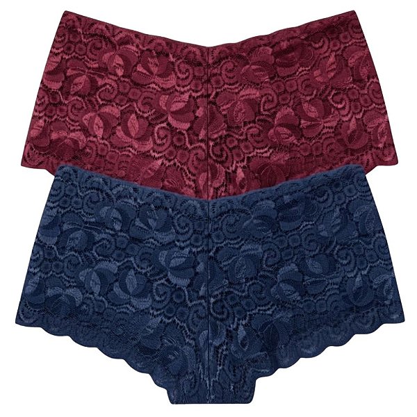 Kit 2 Shorts Calcinha Caleçon Sensual Rendado Poliamida com Elastano Cores Sortidas Lurdinha
