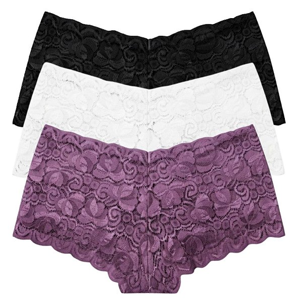 Kit 3 Shorts Caleçon Sensual Rendado Poliamida com Elastano Cores Sortidas