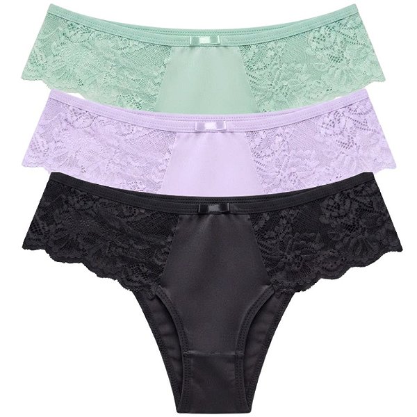 Kit 3 Calcinhas Tanga Renda nas Laterais com Laço Frontal Cores Sortidas