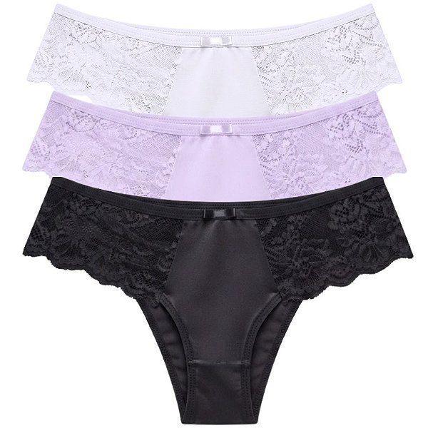 Kit 3 Calcinhas Tanga Renda nas Laterais com Laço Frontal Cores Sortidas