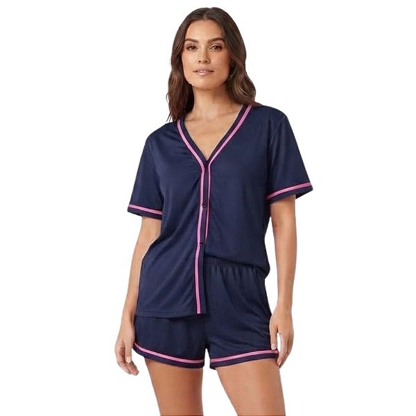 Pijama Americano Feminino Curto Camisa e Short Fechamento Frontal com Botões