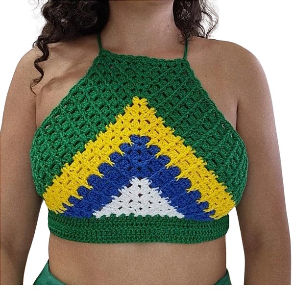 Cropped de Crochê Bandeira do Brasil Frente Única | Top Brasil Core M/G
