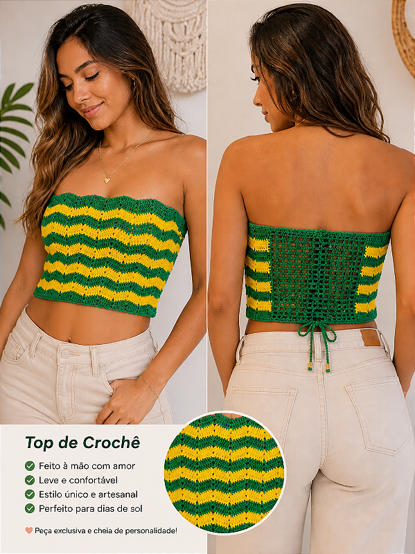 Top Tomara que Caia de Crochê Verde e Amarelo | Cores do Brasil | Veste P ao G