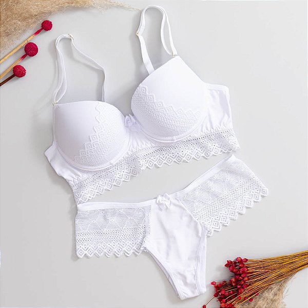 Conjunto Sutiã Meia-Taça Com Bojo E Calcinha Fio Duplo Detalhes Em Renda