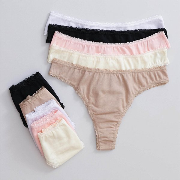 Kit Com 10un - Calcinha Fio Dental Detalhes Renda Em Cotton