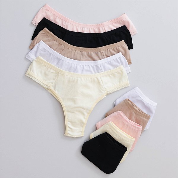 Kit Com 10un - Calcinha Fio Dental Lateral Detalhes Renda Em Cotton