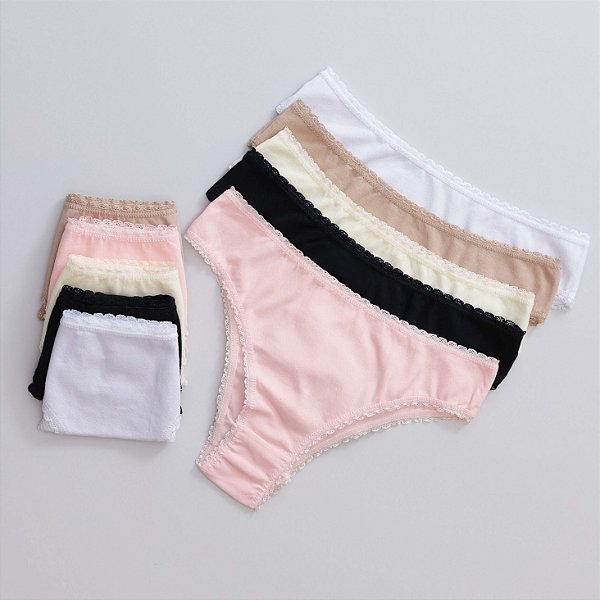Kit Com 10un - Calcinha Tanga Detalhes Renda Em Cotton
