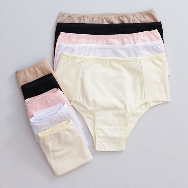 Kit com 10un - Calcinha Cintura Alta Lateral Dupla Em Cotton