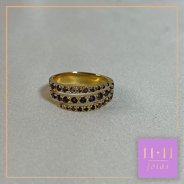 ANEL CRAVADO DE AMETISTAS PRATA 950 COM BANHO DE OURO