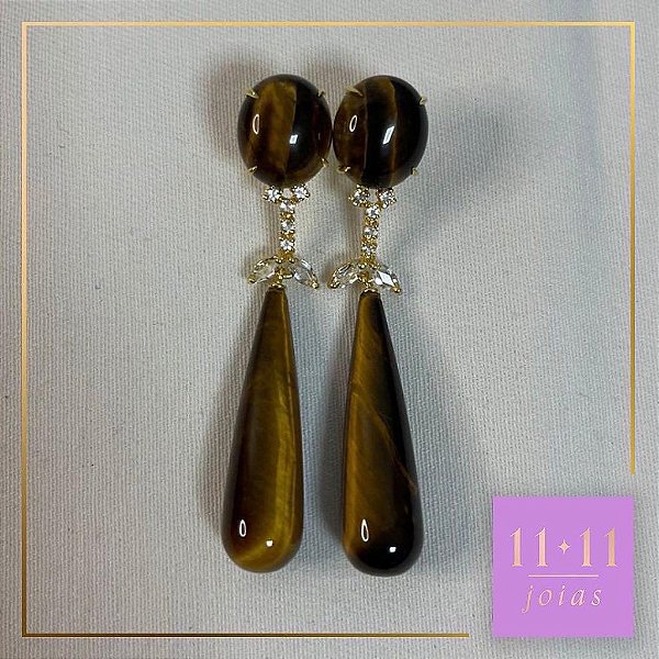 BRINCO EM OLHO DE TIGRE E TOPÁZIO INCOLOR PRATA 950 COM BANHO DE OURO