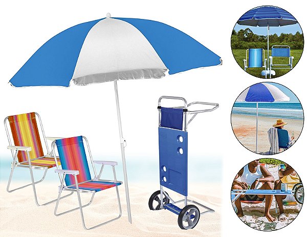 Cadeira Aço Guarda Sol Articulado Carrinho 20kg praia férias