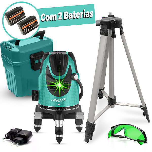 Nivel A Laser 5 Linhas 2 Baterias Verde Esquadro Maleta