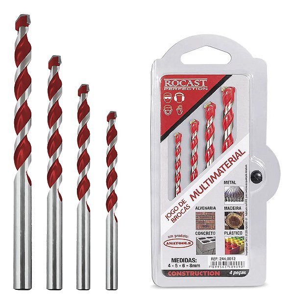 Jogo 4 Brocas Multimateriais 4 A 8mm Para Metal, Alvenaria, Concreto, Madeira e Plástico