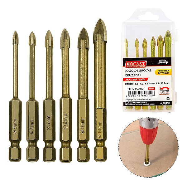 Jogo 6 Broca Titânio De Vidro Cerâmica 3 A 10mm Sextavada Ponta Cruzada