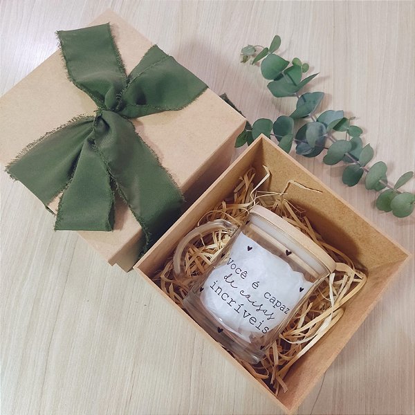 Caneca de vidro com tampa de bambú com caixinha de Mdf