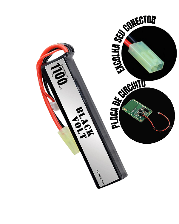 Bateria Lipo Black Volt 11.1V 1100mAh 30C com BMS Integrado