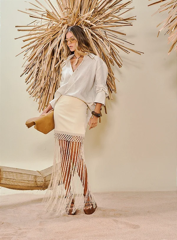 Saia Canelada Boho Chic Com Franjas Longas