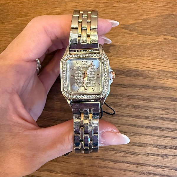 RELÓGIO FEMININO QUADRADO PRATA E ROSÊ