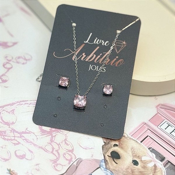 CONJUNTO BRINCO E COLAR PONTO DE ROSA BEBÊ