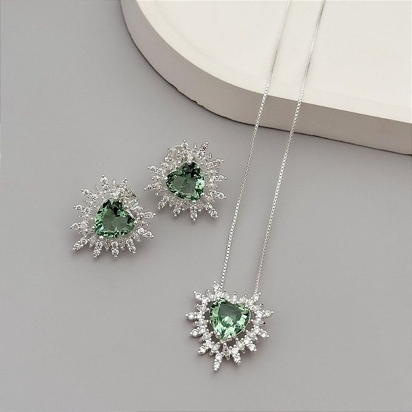 CONJUNTO CORAÇÃO PRATA VERDE MAÇA