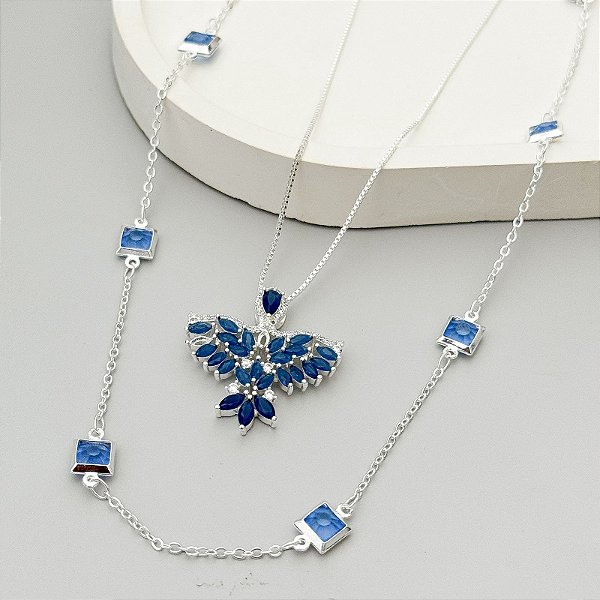 CONJUNTO DOIS COLARES AZUL EMPOEIRADO CRAVEJADO