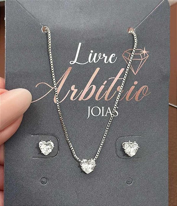 CONJUNTO COLAR E BRINCO CORAÇÃO PONTO DE LUZ