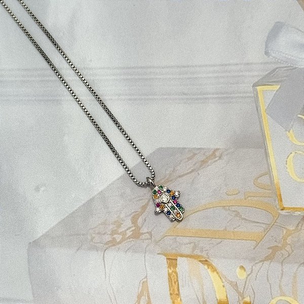 COLAR VENEZIANA MÃO DE FATÍMA PEDRAS COLORIDAS
