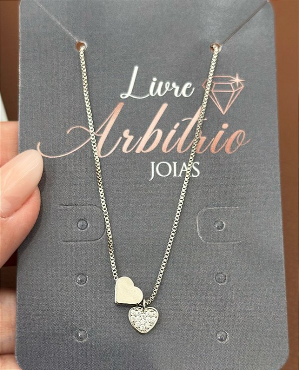 COLAR VENEZIANA 40CM 2 CORAÇÕES ZIRCÔNIAS
