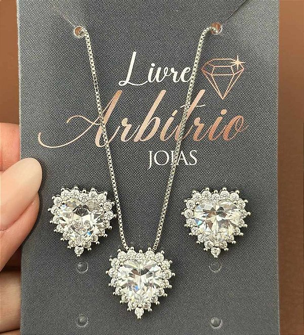 CONJUNTO COLAR BRINCO CORAÇÃO ZIRCOÔNIA GRANDE