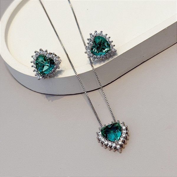 CONJUNTO COLAR BRINCO CORAÇÃO VERDE TURMALINA