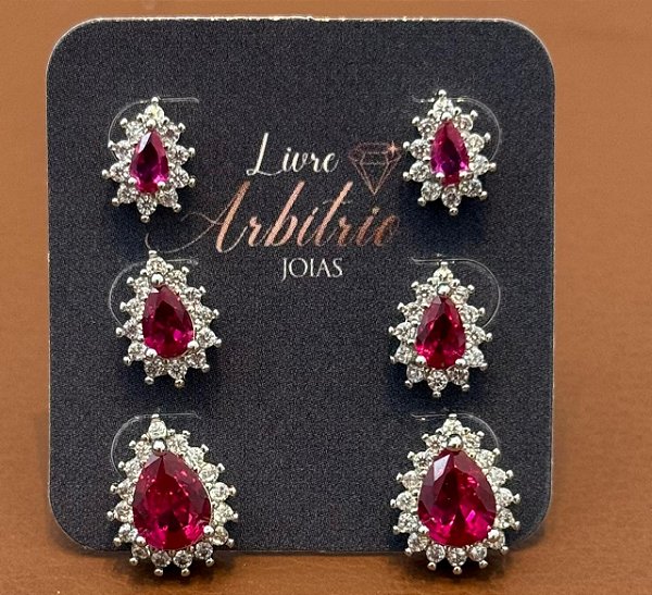 TRIO DE BRINCOS GOTA RUBI FILIPA