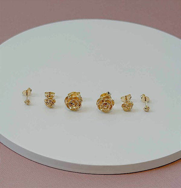 TRIO DE BRINCOS ROSAS FOSCAS GOLD