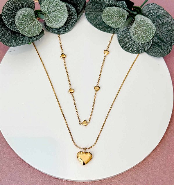 COLAR CORAÇÃO DUPLO GOLD - AÇO 316L