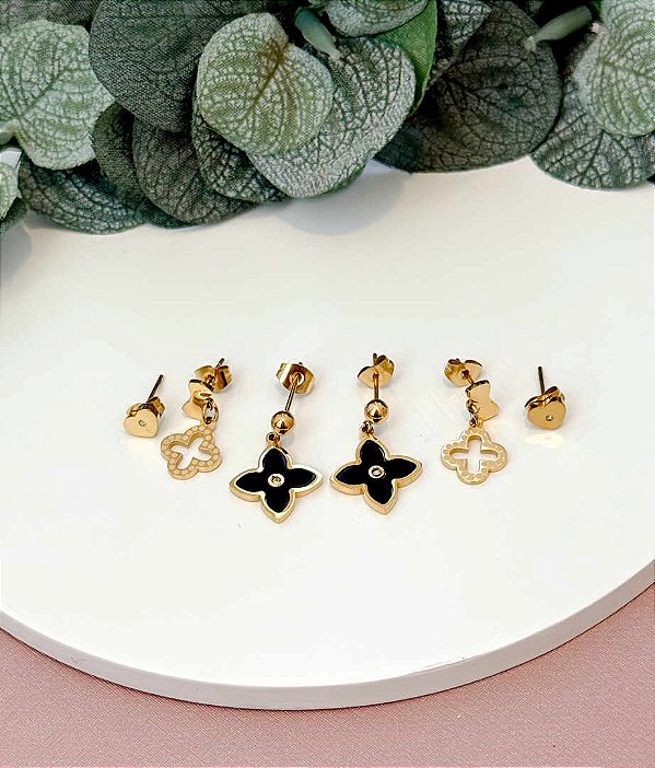 TRIO BRINCOS INSP IVSL BLACK GOLD - AÇO 316L