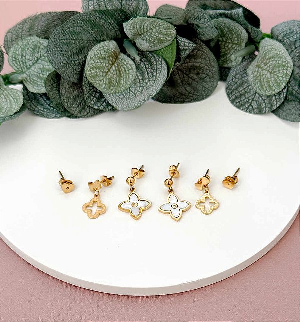 TRIO BRINCOS INSP IVSL MADREPÉROLA GOLD - AÇO 316L