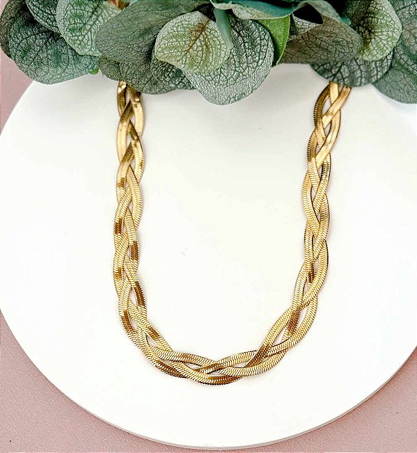 COLAR FITA TRANÇA 3 FILEIRAS GOLD - AÇO 316L