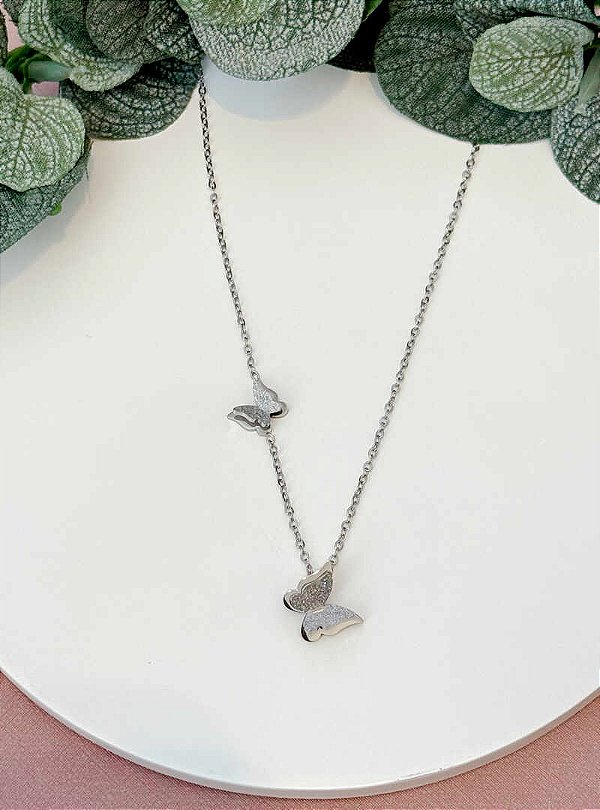 COLAR BORBOLETAS COM BRILHO SILVER - AÇO 316L