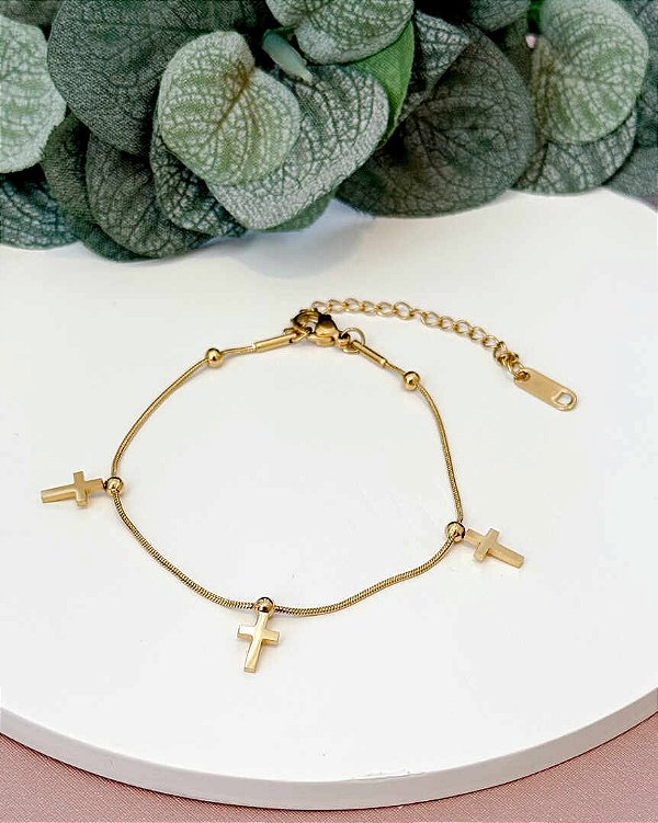 PULSEIRA RABO DE RATO COM CRUZ GOLD - AÇO INOX