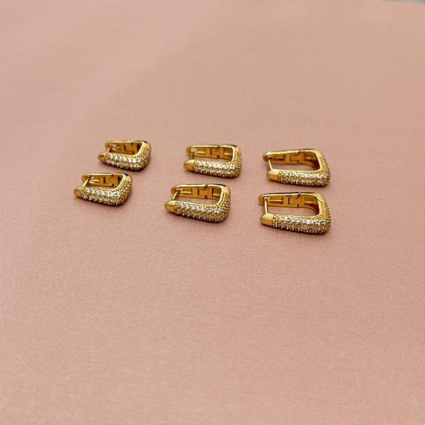 TRIO DE BRINCOS ARGOLA U GOLD ZIRCÔNIAS