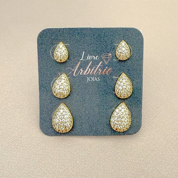 TRIO BRINCOS GOTAS CRAVEJADAS GOLD