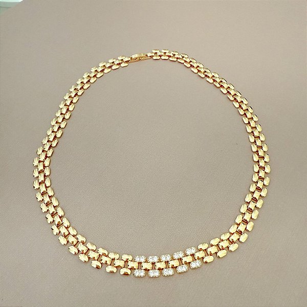 CORRENTE ELOS RELÓGIO CRAVEJADA GOLD