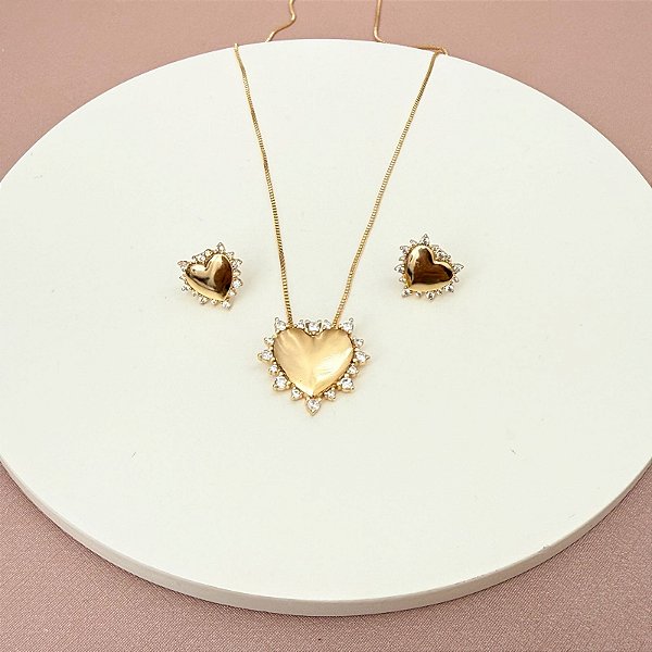 CONJUNTO BRINCO COLAR CORAÇÃO LOVE SPARK GOLD