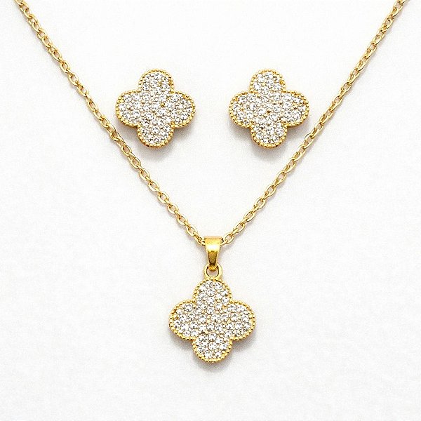 CONJUNTO TREVO CRAVEJADO GOLD