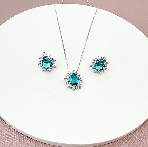 CONJUNTO BRINCO E COLAR GOTA TURMALINA RÓDIO