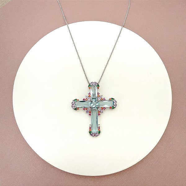 COLAR CRUZ GRANDE TURMALINA COLORS RÓDIO