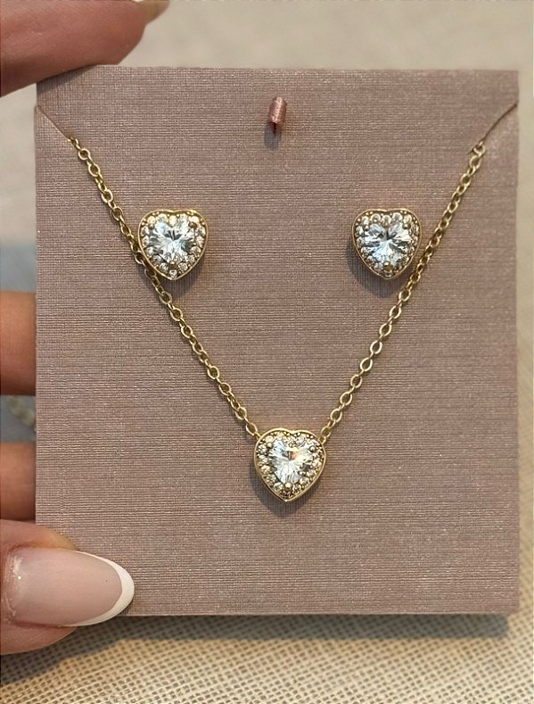 CONJUNTO BRINCO E COLAR CORAÇÃO CRISTAL