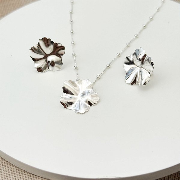 CONJUNTO BRINCO COLAR FLOR BOLINHAS HELOISA
