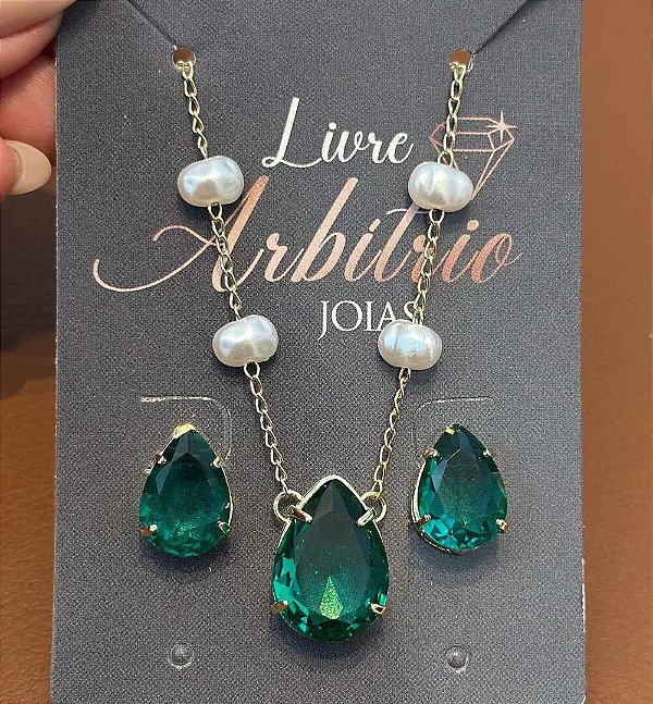 CONJUNTO COLAR E BRINCO GOTA VERDE PÉROLAS