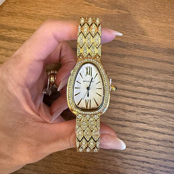 RELÓGIO LUXO COBRA CRAVEJADO DOURADO