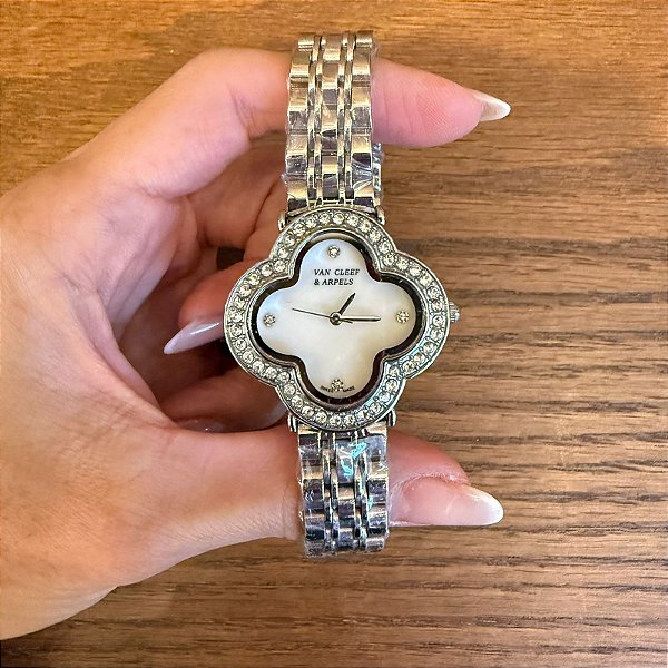 RELÓGIO LUXO FEMININO TREVO CRAVEJADO PRATA